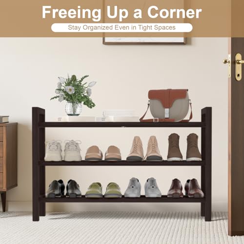 Haddockway Bamboo Shoe Rack for Closet, Free Standing Shoe Organizer with Smooth Round Rods & Convenient Handles, Stackable Shoe Storage Shelf for Entryway, Hallway(Brown, 3-Tier) - color: Brown, size: 3-Tier_Standard