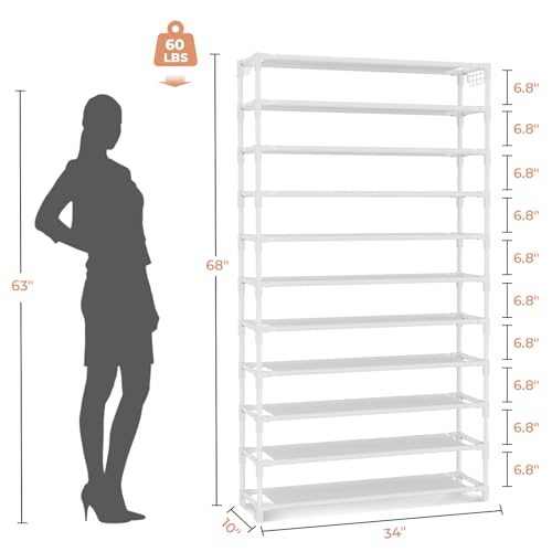 VILICK 11 Tiers Tall Wide Shoe Rack 55 Pairs Large Capacity Sturdy Durable Shoe Rack for Closet Metal Shoe Organizer Shelf with Two Hooks Space Saving for Entryway White - color: White