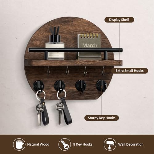 Nekon Key Holder for Wall - 9.8 Inch Apartment Wall Decor with Shelf and 8 Key Hooks, Circular Wood Key Hanger for Home Decor (Brown) - color: Brown