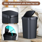 CEROELDA 3 Pack Slim Bathroom Trash Can, 10L/2.6 Gal with Press Top and Pop-up Lid, Plastic Wastebasket for Toilet, Office, Bedroom (Black) - color: 3 Pack-Black
