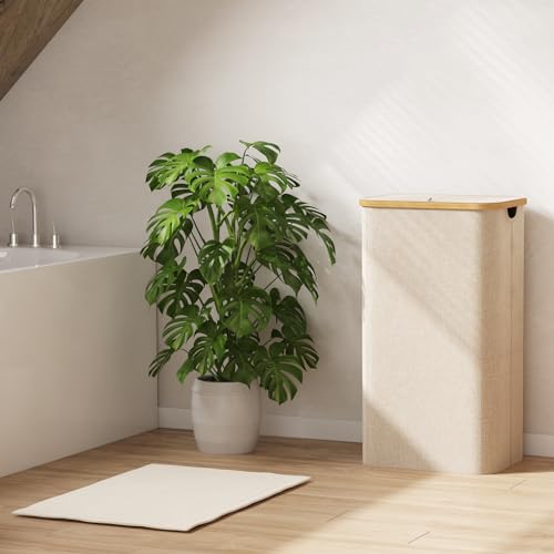 Lifewit 110L Laundry Basket with Lid, Clothes Hampers for Laundry with Bamboo Handles and 1 Removable Bag, Large Foldable Laundry Hamper for Bedroom, Bathroom, Dorm, Laundry Room, Beige - color: Beige, size: 110L