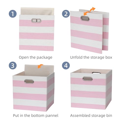 11 x 11 x 11 Inch Storage Bins, Collapsible Fabric Cubes, Cubby Organizer Bins Striped Container Baskets for Home Office Wardrobe Closet Shelf, Pack of 4, Pink/White - color: Pink/White, size: 11"x11"x11"