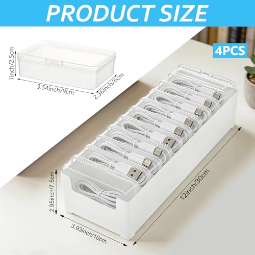 4 Sets Cable Organizer Storage Box with 11 Clear Switch Case Desktop Cable Management Box Power Cord Organizer Stackable Cords Storage Organizer for Office Home Desk Accessories Stationery Supplies