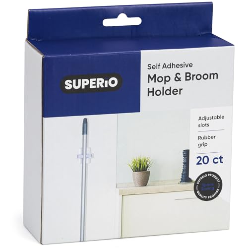 Superio Mop and Broom Holder, Set of 20 Single Piece Hooks, White Plastic Wall Mount Cleaning Storage Tool Organizer, Heavy-Duty Hook for Kitchen, Closet Garage, and Office - size: 20