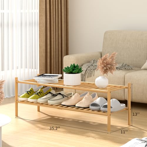 ROMGUAR CRAFT 2-Tier Bamboo Long Shoe Rack, Free Standing Wood Shoe Shelf Storage Organizer for Closet Entryway Stackable 35"x11"x13" (Natural) - color: Natural, size: 2-Tier(Long)