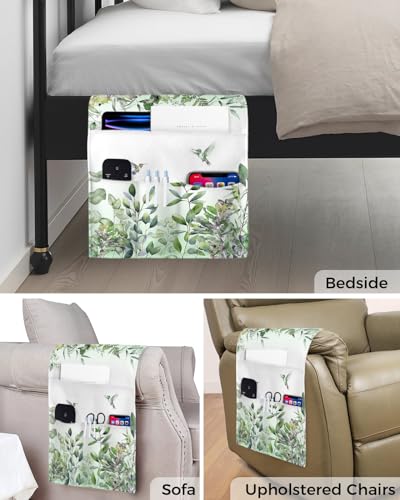 Sofa Armrest Organizer Bedside Caddy, Green Botanical Non Slip Couch Remote Control Holder for Recliner, Watercolor Green Eucalyptus Leaves Birds Arm Chair Caddy with Pocket, 13"x35" - size: 13x35 in