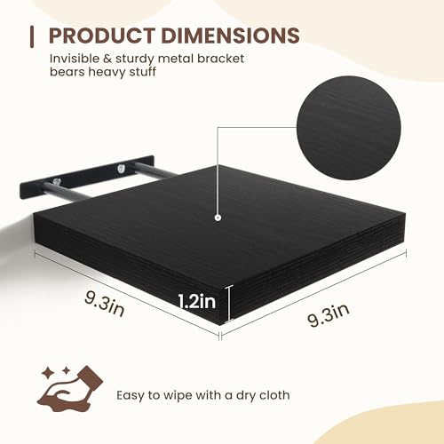 Fun Memories Floating Shelves for Wall - 9.3 Inch Square Shelves with Invisible Brackets, Black Small Wall Shelf for Living Room, Bathroom, Bedroom, and Kitchen Decor Set of 4 - color: Black, size: 9.3"w X 9.3"d - 4p
