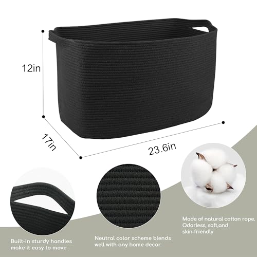 MEGASKET Extra Large Basket for Blankets, 23.6" x 17" x 12" Black Blanket Storage for Living Room, Big Cotton Rope Pillow Holder, Rectangle Kid Dog Toy Bin Box, Woven Laundry Basket, Shoe Bin Entryway - color: Black, size: 23.6"x17"x12