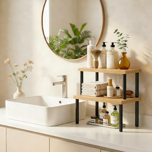 HOOBRO Cabinet Organizer Shelf, kitchen countertop organizer, Kitchen Storage, Spice Rack for cabinet, Stackable, Expandable, for Countertop,kitchen,cabinet, Black and Natural BN15TL01 - color: Natural+ Black
