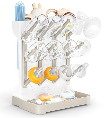 GoMaihe Baby Bottle Drying Rack: Space Saving Vertical Bottle Dryer Holder - Baby Accessories Storage Stand Organize Brushes Pacifiers on Countertop - BPA-Free - Beige - color: Beige