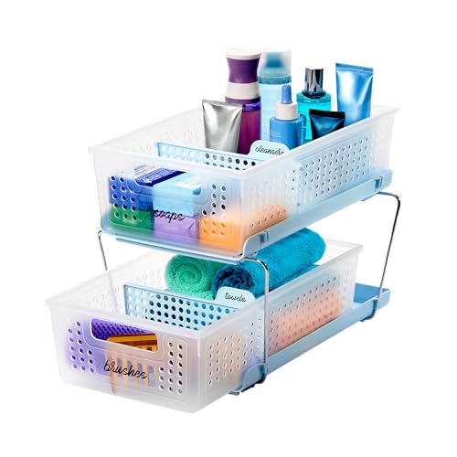 madesmart Two-Tier Bathroom Cabinet Organizer, Sliding Drawer Storage for Bottles, Sponges & Cleaning Supplies, Blue - color: Blue
