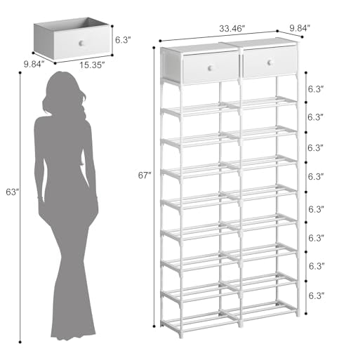 Tall Shoe Rack, 10 Tier Shoe Rack Organizer with 2 Large Drawers, Shoe Storage for 36-40 Pairs, Sturdy Metal Shoe Shelf Shoe Stand for Closet Entryway, White - color: White, size: 10 Tier
