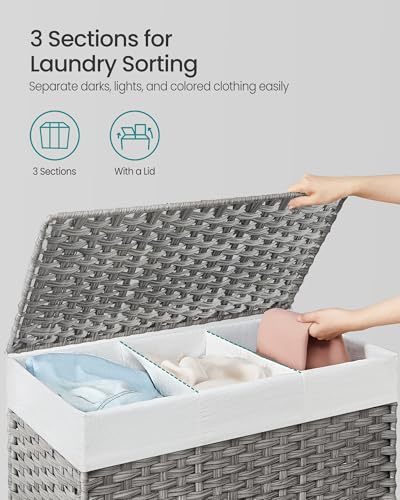 SONGMICS Laundry Hamper with Lid, 42.3 Gallons (160 L), Rolling Laundry Basket with Wheels, 3-Section Synthetic Rattan, Removable Liner, Bedroom, 29.9 x 13 x 26 Inches, Gray ULCB365G01 - color: Gray, size: 160 L