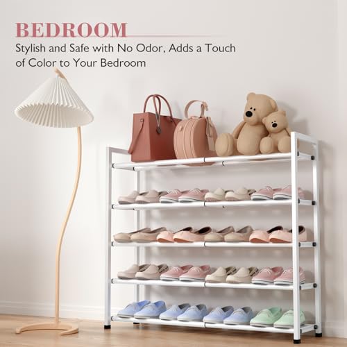 Bumusty 5-Tier Expandable Shoe Rack for Closet, 18“-33” Adjustable Shoe Rack for Small Space, Small Shoe Organizer for Front Door, Sturdy Metal (White) - color: White, size: 5-Tier