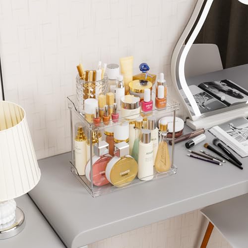 Yieach 2 Tier Bathroom Counter Organizer,Tiered Bathroom Organizer for Makeup,Perfume,Beauty Products,Skincare Organizers Shelf,Vanity Storage Tray for Bedroom,Spice Racks for Kitchen Corner,Rectangle - style: Rectangular
