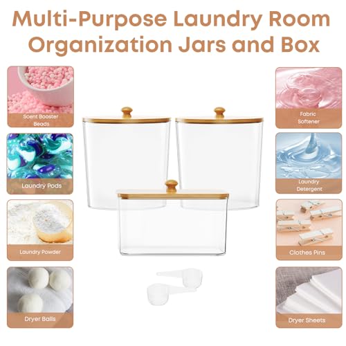 COAZEX 3 Pack Laundry Powder Container & Dryer Sheet Holder, Large Plastic Laundry Room Organization and Storage Jars with Lids, Labels & Scoops for Powder, Detergent, Scent Booster - color: B-Clear