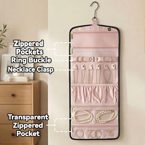 Jewelry Organizer with Hanger,Hanging Jewelry Organizer, Portable Travel Jewelry Bag,Foldable Storage for Earrings, Rings, and Watches; Can Be Hung on Wardrobes, Walls, or Doors, Black - color: Black