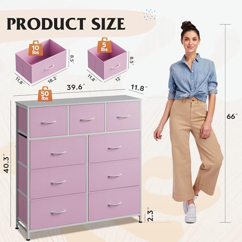 WLIVE 9 Drawer Dresser, Fabric Storage Tower for Bedroom, Hallway, Closet, Tall Chest Organizer Unit for Bedroom with Fabric Bins, Steel Frame, Wood Top, Easy Pull Handle, A-Pink - color: A-pink