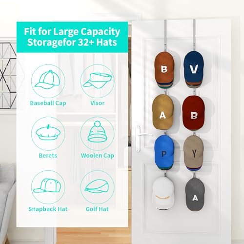 HapiRm Over Door Hat Rack - 2 Packs Hat Organizer with 8 Hooks Design, Hanging Baseball Cap Organizer Storage Holds Up to 40 Caps for Door, Bedroom, Closet (Sliver) - color: Sliver, size: 2 Pack