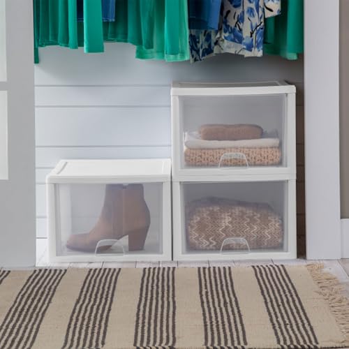 Sterilite 4-Pack Stacking Drawer, Clear Storage Organizer Containers, 27 Quart, White Frame - Stackable and Modular Plastic Drawers for Shoes, Clothes, Accessories, Supplies, Bedding, and Linens - size: 27 Quart, style: 4 Pack