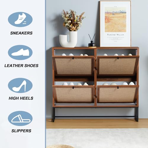 Shoe Cabinet, Shoe Storage Cabinet with 4 Flip Drawers, Freestanding Shoe Organizer Shoe Rack for Entryway, Hallway, Living Room (Walnut - 4 Tiers) - color: Walnut - 4 Tiers