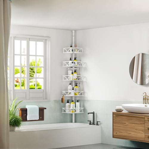 Skycarper 5 Tier Adjustable Corner Shower Caddy Organizer with Hooks,Rustproof Tension Pole 62-116 Inch,White - color: White