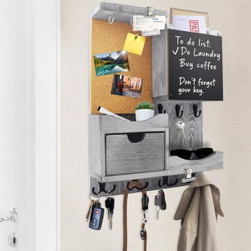 Key Holder Wall Mount， Mail Organizer Key Holder for Wall with Shelf, Drawer, Chalkboard, Corkboard, Home Decor Wall Mounted for Room Entryway(Grey) - color: Gray, size: Vertical