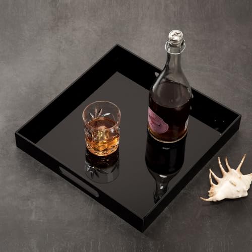 KEVLANG Glossy Black Acrylic Serving Tray - 14x14Inch, Multipurpose, Sturdy, Modern Style, Spill Proof, Countertop Organizer, Vanity Table Tray - color: Glossy Black, size: 14" x 14" x 2"