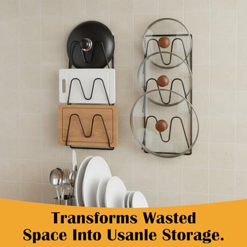 4 Pcs Pot Lid Organizer Rack, 12-Tier Adhesive Mount No Drilling Lid Holder for Cabinet Door and Wall, Rustproof Black Kitchen Storage Solution for Pots and Pans