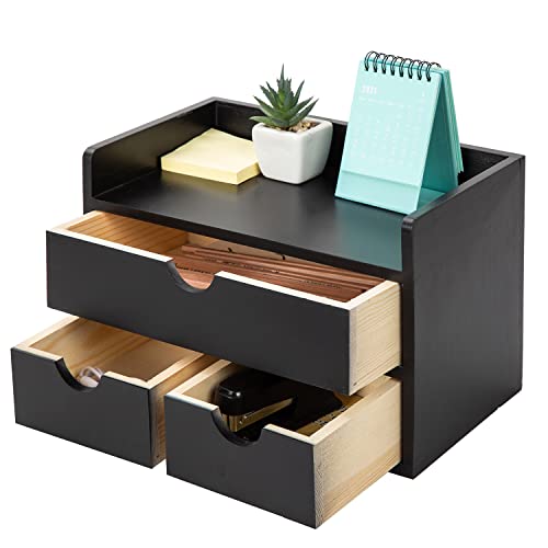 Black Bamboo Desk Organizer Wooden Storage Cabinet 3 Drawers with Shelf Tabletop Organization Box Home Office Workspace Bathroom Toiletries Supplies Caddy Vanity Makeup Stationery Holder