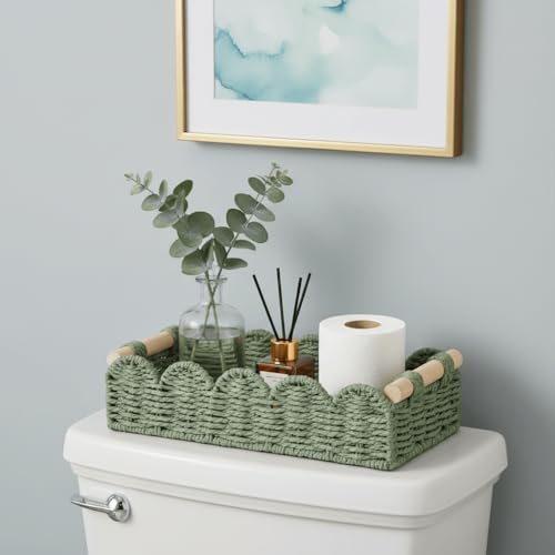 CubesLand Toilet Paper Storage Basket Organizer, Small Wicker Toilet Tank Top Decorative Baskets for Countertop, Handwoven Scalloped Basket w/handle for Home Decor, Living Room, Bedroom, Green - color: Green, size: S - 12.99"L x 6.3"W x 3.15"H