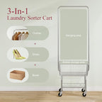 Tajsoon Laundry Cart with Hanging Rack, Metal Rolling Laundry Cart with Wheels and Storage Basket, Silver - color: Silver