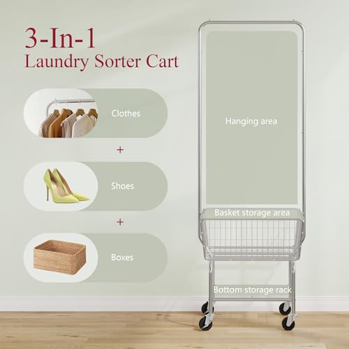 Tajsoon Laundry Cart with Hanging Rack, Metal Rolling Laundry Cart with Wheels and Storage Basket, Silver - color: Silver