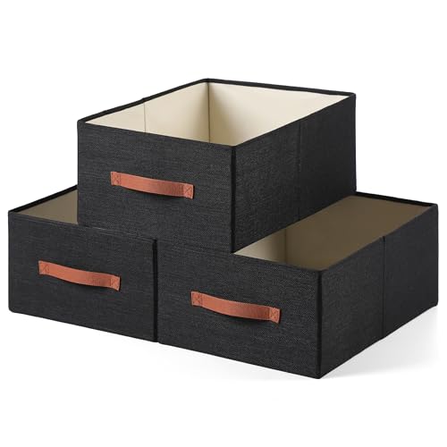 linen closet organizers and storage, 3 Pack Large Storage Baskets, Washable, Clothing Storage Bins with Handle, Closet Organizer for Storage Sweater,Sheets (Black, 18½"x13½"x8½") - color: Black, size: 18½"x13½"x8½"