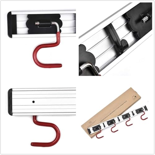 Wall Mounted Mop and Broom Holder, Stainless Steel, Red Black, 34 Inches, 8 Position Rack with 6 Hooks, S Type Organizer - size: 34inch