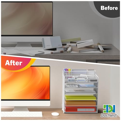 Docnest 6 Tier Mesh Desk Organizer for Paper Office Supplies – Multi-Functional Letter Tray with 5 Adjustable Compartments, 4 Pen Holders, Desktop Storage for Files, Mail, Stationery – White - color: White, size: 12.7" x 9.1" x 15.5"