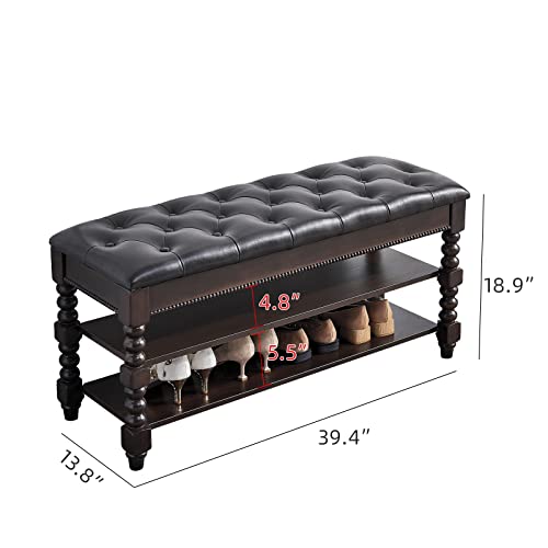 LEILISI Shoe Bench, Wood Storage Bench with Cushion Seat, Shoe Rack with Hidden Storage Space for Entryway Living Room Bedroom Hallway (Walnut, 39.4'') - color: Walnut, size: 39.4