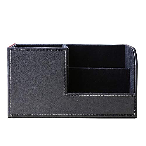 KINGFOM Desk Organizer Office Supplies Caddy Pu Leather Multi-function Storage Box Pen/Pencil,Cell phone, Business Name Cards Remote Control Holder Black - color: S-black