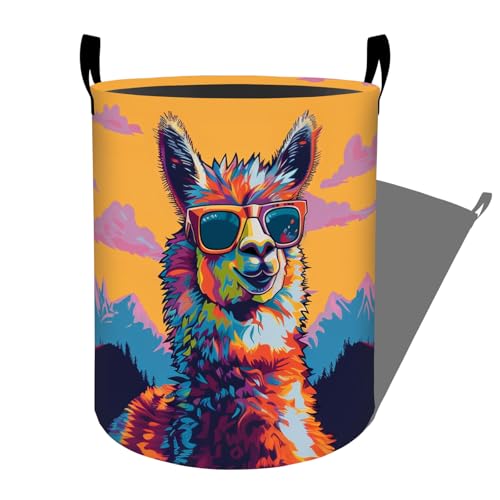 Colorful Llama with Cool Sunglasses Laundry Basket with Handles, 19.7"x15.7" Clothes Foldable Laundry Hamper Organizer for Dorm Nursery Bedroom Bathroom Decor, Toy Storage Bin for Kids - style: Llama54
