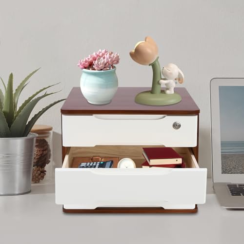3-Tier Desk Organizer with Lockable Drawers,1 Locks & 2 Keys, Wooden Desktop Storage Box, Categorized Storage Desktop File Cabinet((Walnut, White) - color: Walnut/White-3 Tiers