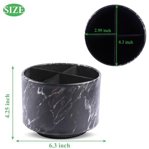Round Leather Art Supply Organizer,Remote Control Holder,360-degree Rotating Pen Organizer with 4 Compartments(1-Marble Black Silver) - color: 1-Marble Black Silver