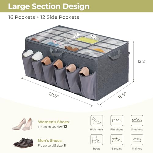 Shoe Organizer for Closet, Shoe Storage Solution with Clear Cover & Adjustable Dividers, Fabric Shoe Box Fits 16 +12 Pairs Shoes, Grey, 1-Pack - color: Grey, size: 1 Pack Large