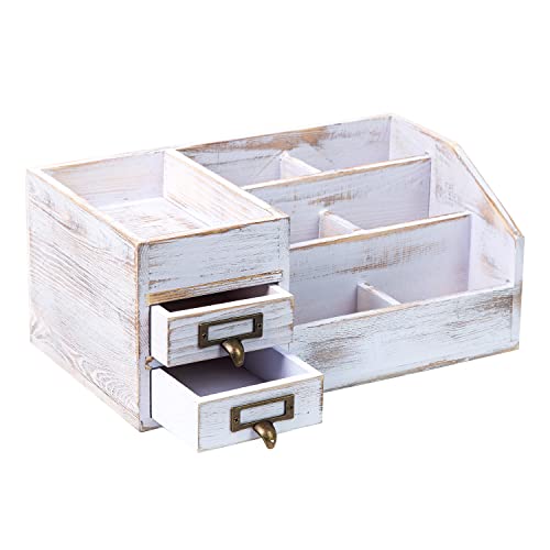 Distressed Rustic Wooden Office Desktop Organizer Shelf Tabletop Home Organizer Storage with Multiple Compartments 2 Tier Drawers perfect Jewelry storage Display Box for Desk Vanity (Washed white) - color: Washed white