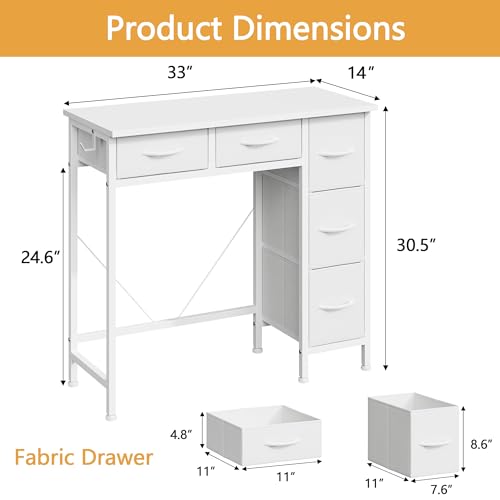 HIGDBFE Small Desk with 5 Fabric Drawers, 33 Inch Writing Desk for Home Office, Simple PC Desks for Small Place, Kids Girls Teen Study Table Vanity for Bedroom, Dorm, White, 14" D - color: White
