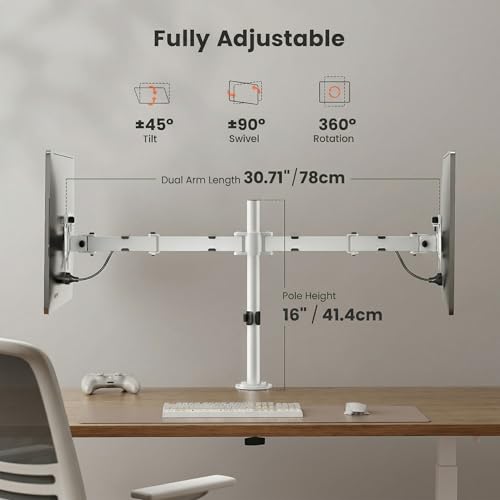 ErGear Fully Adjustable Dual Monitor Mount for 2 Screens up to 32 Inches, Holds up to 17.6 lbs Each Arm, Desk Stand, White - color: White, size: 13" - 32"