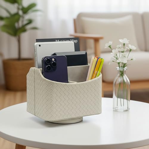 UnionBasic Rotating Desk Organizer, 360 Desk Spinning Caddy, Desktop TV Guide/Mail/Media/Remote Controller Holder Organizer, Woven Beige - color: Woven Beige
