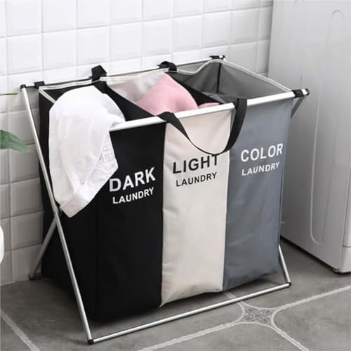 TEEM 3-Section Laundry Basket Organizer, Foldable Hamper with Dividers, 150L Large Capacity, Waterproof 600D Oxford Fabric, Freestanding Lightweight Clothes Sorter Bedroom, Dorm, Bathroom (24x15x26in)