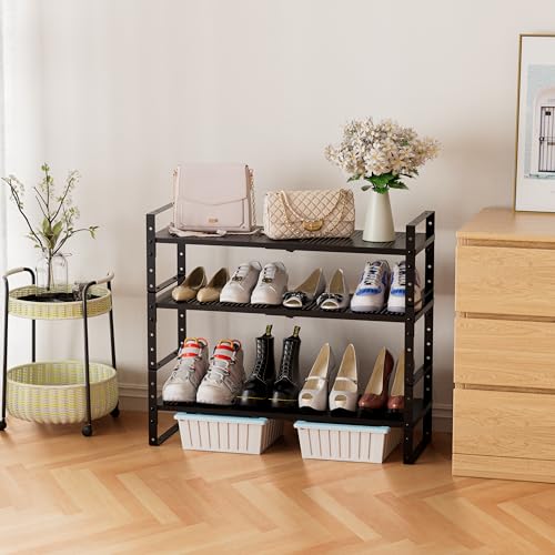 Jojocross Expandable Stackable Aadjustable Shoe Rack Pantry Shelf for Kitchen Cabinets Counter Shelves Countertop Cupboard Storage Solution,Sturdy Heavy-Duty Metal Construction(3Packs/Black/Large) - color: 3Packs/Black, size: LARGE:10.2"D x 16.5"W x 7.8"H