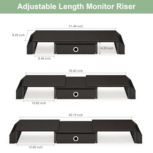 Dual Monitor Stand Riser w/ Drawer & Metal Leg, Large Computer Monitor Riser w/ Storage For 2 Monitors, Desk Shelf For Monitor w/ Adjustable Length & Angle, Desktop Organizer For Laptop/TV/Printer