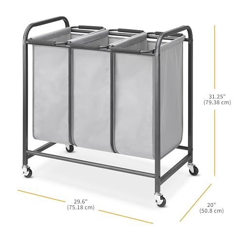 Whitmor Triple Laundry Sorter - 3 Removable Bags with Easy-Grip Handles - Rolling Laundry Sorter - Grey - size: 3 Section A，Grey